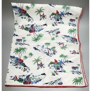 Vintage Handmade Small Tablecloth Island Theme Palm Trees Donkey Workers Huts